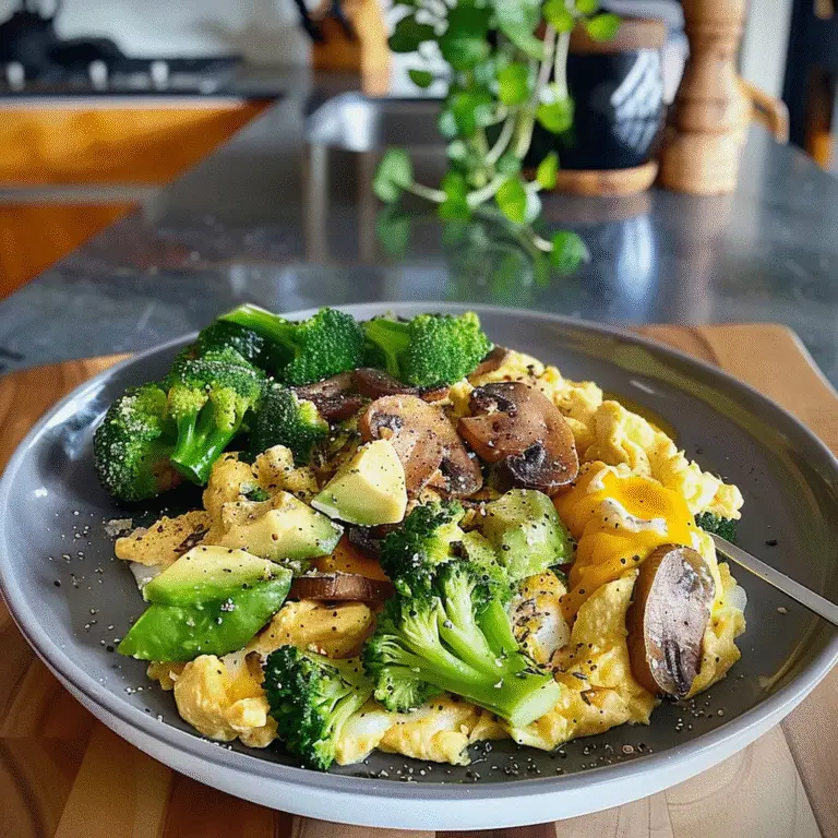 Scrambled Eggs with Broccoli, Mushrooms & Avocado